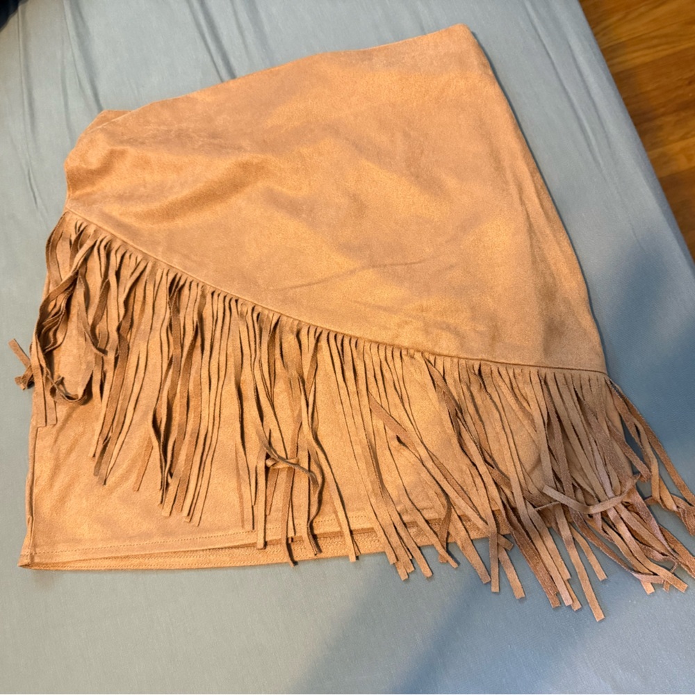 Fringe Mini Skirt in Tan Faux Suede